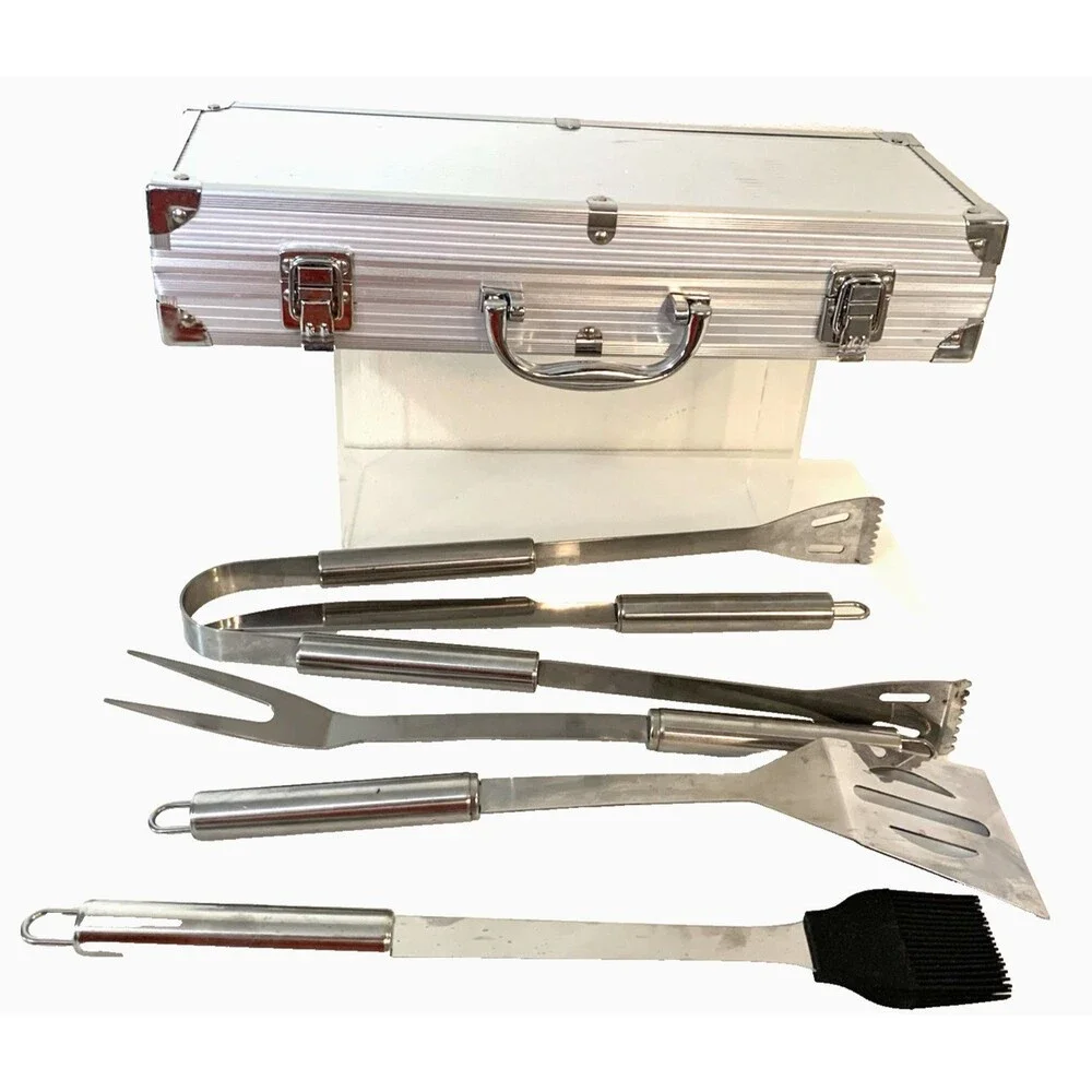 5PC BBQ Grill Tool Set Stainless Steel Heavy Duty Utensils Kit in Metal Case